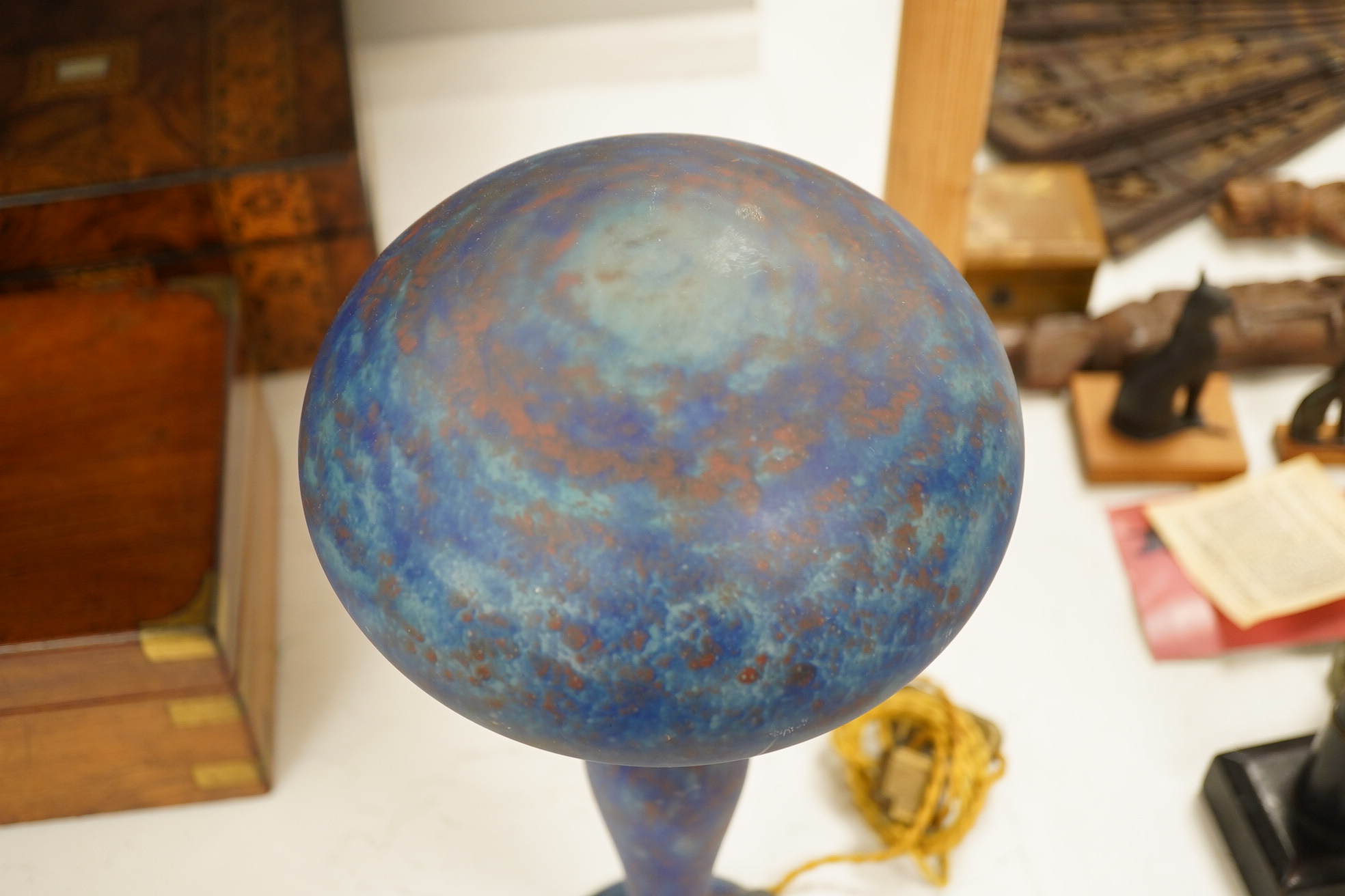 Art Nouveau, ‘Delatte’ mushroom blue glass lamp with hammered metal mount, 45cm high. Condition - good